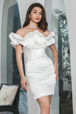 Modest Off Shoulder Meringue Ruffle Bodycon White Short Graduation Dress