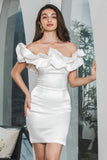 Modest Off Shoulder Meringue Ruffle Bodycon White Short Graduation Dress