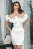 Modest Off Shoulder Meringue Ruffle Bodycon White Short Graduation Dress