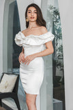 Modest Off Shoulder Meringue Ruffle Bodycon White Short Graduation Dress