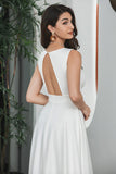 Simple White A Line V Neck Backless Long Engagement Party Dress With Pocket