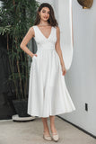 Simple White A Line V Neck Backless Long Engagement Party Dress With Pocket