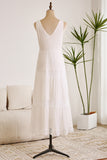 Simple White A Line V Neck Backless Long Graduation Dress With Pocket