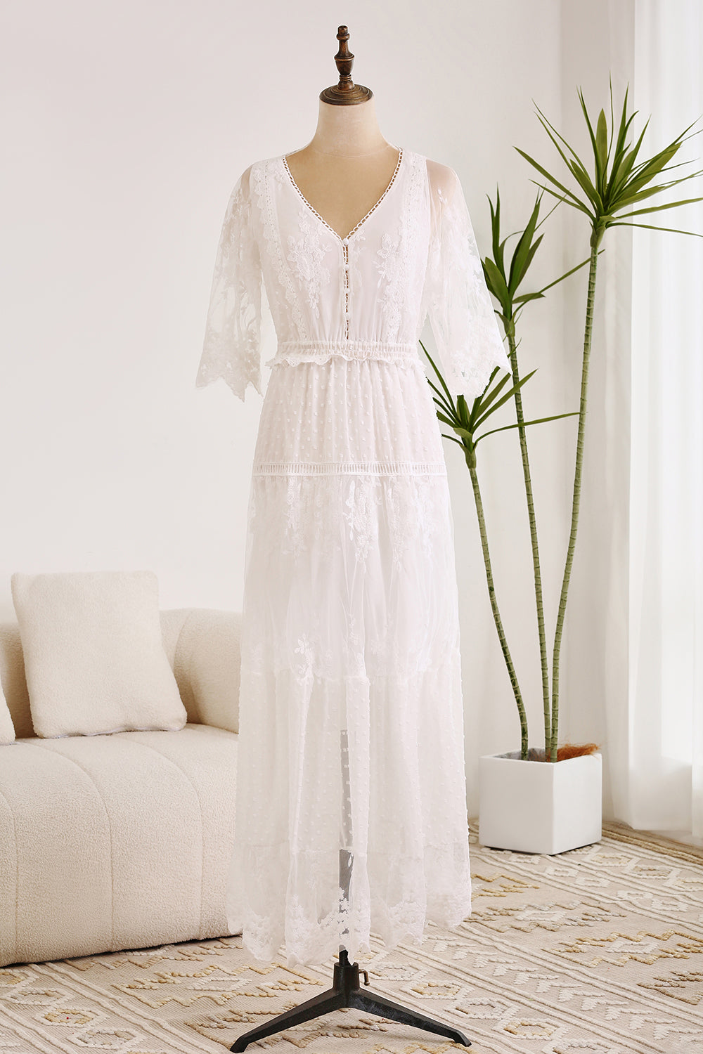Wedtrend Women Simple White Casual Dress Lace Holiday Boho Beach Dress With Short Sleeves WEDTREND Wedtrend Women Simple White Casual Dress Lace Holiday Boho Beach Dress With Short Sleeves WEDTREND