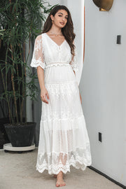 Simple White Lace Holiday Boho Beach Graduation Dress With Short Sleeves