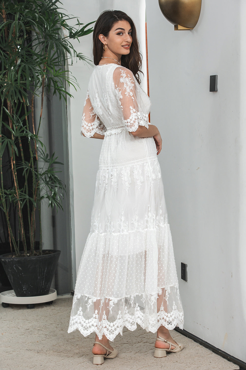 Wedtrend Women Simple White Casual Dress Lace Holiday Boho Beach Dress With Short Sleeves WEDTREND Wedtrend Women Simple White Casual Dress Lace Holiday Boho Beach Dress With Short Sleeves WEDTREND