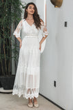 Simple White Lace Holiday Boho Beach Graduation Dress With Short Sleeves