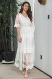 Simple White Lace Holiday Boho Beach Graduation Dress With Short Sleeves