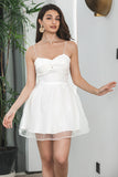 Cute Sweet Bowknot Backless Floral Suspender Hollow White Short Graduation Dress