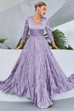 Lilac A Line V Neck Long Sleeves Prom Dress with Pleated
