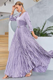 Lilac A Line V Neck Long Sleeves Prom Dress with Pleated