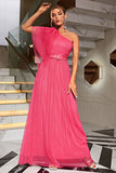 Coral A Line One Shoulder Tulle Long Prom Dress with Belt