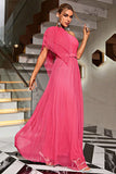 Coral A Line One Shoulder Tulle Long Prom Dress with Belt