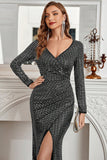 Black Mermaid Long Sleeves Sparkly Prom Dress with Slit