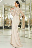 Sparkly Apricot Mermaid Pleated Long Prom Dress with Long Sleeves