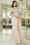 Sparkly Apricot Mermaid Pleated Long Prom Dress with Long Sleeves