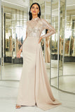 Sparkly Apricot Mermaid Pleated Long Prom Dress with Long Sleeves