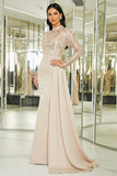 Sparkly Apricot Mermaid Pleated Long Prom Dress with Long Sleeves