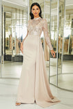 Sparkly Apricot Mermaid Pleated Long Prom Dress with Long Sleeves