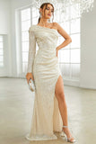 Apricot Mermaid One Shoulder Long Sleeves Sparkly Prom Dress with Slit