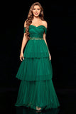 Off the Shoulder Dark Green Tiered Prom Dress with Ruffles