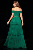 Off the Shoulder Dark Green Tiered Prom Dress with Ruffles