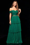 Off the Shoulder Dark Green Tiered Prom Dress with Ruffles