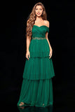 Off the Shoulder Dark Green Tiered Prom Dress with Ruffles