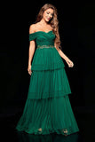 Off the Shoulder Dark Green Tiered Prom Dress with Ruffles