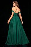 Dark Green A Line Tulle Off the Shoulder Prom Dress With Pleated
