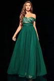 Dark Green A Line Tulle Off the Shoulder Prom Dress With Pleated