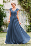 Grey Blue A-Line V-Neck Floor Length Wedding Guest Dress