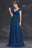 Sparkly Grey Blue A-Line V-Neck Long Maxi Formal Dress With Pleated