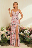 Blush Sheath Flower Printed Wedding Party Dress with Slit