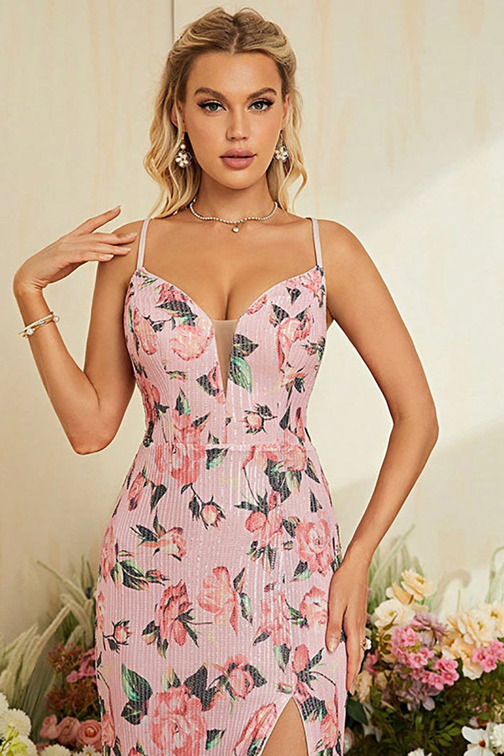Wedtrend Women Wedding Guest Dress with Slit Flower Printed Blush