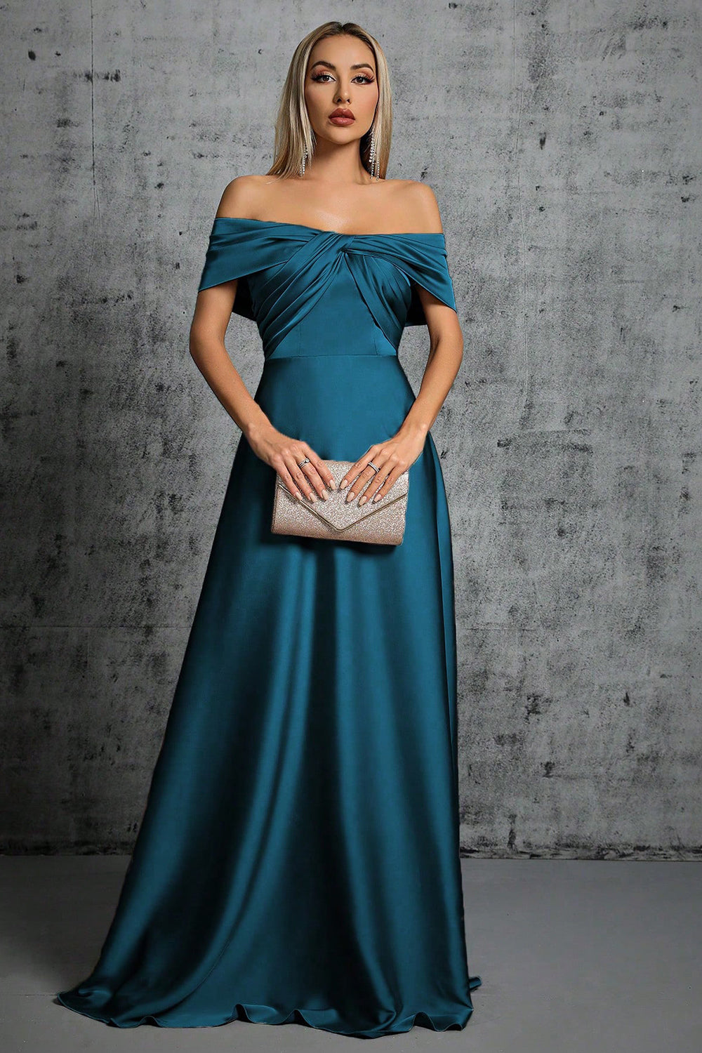 blue peacock dress Wedtrend Women Wedding Guest Dress With Pleated Peacock Blue Satin Off The Shoulder Long Formal Dress – WEDTREND