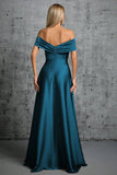 Peacock Blue Satin Off The Shoulder Pleated Formal Dress