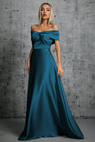 Peacock Blue Satin Off The Shoulder Pleated Formal Dress