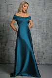 Peacock Blue Satin Off The Shoulder Pleated Formal Dress