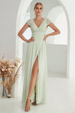 A-Line V Neck Light Green Wedding Guest Dress with Lace