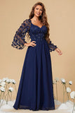 A Line Corset Long Navy Corset Formal Dress With Long Sleeves