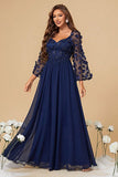 A Line Corset Long Navy Corset Formal Dress With Long Sleeves