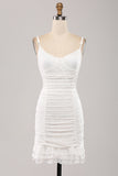 Classy Bodycon Spaghetti Straps Pleated White Short Graduation Dress With Lace
