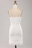 Classy Bodycon Spaghetti Straps Pleated White Short Graduation Dress With Lace