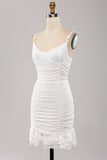 Classy Bodycon Spaghetti Straps Pleated White Short Graduation Dress With Lace