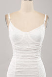 Classy Bodycon Spaghetti Straps Pleated White Short Graduation Dress With Lace