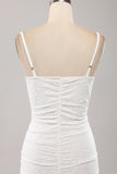 Classy Bodycon Spaghetti Straps Pleated White Short Graduation Dress With Lace