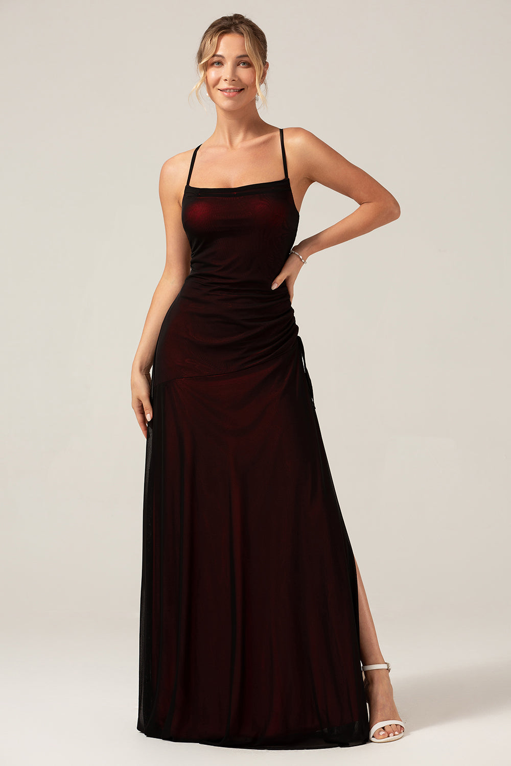 plus size red and black bridesmaid dresses Halley Fitted V Neck Stretch Satin Bridesmaid Dress with Slit