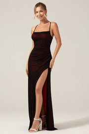 Black Red Sheath Spaghetti Straps Backless Maxi Bridesmaid Dress