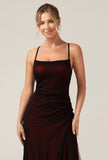 Black Red Sheath Spaghetti Straps Backless Maxi Bridesmaid Dress